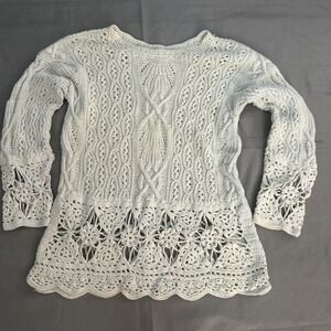 Express Tricot Handknit‎ Crochet Boho Lace Cream Ivory Pullover Sweater Small